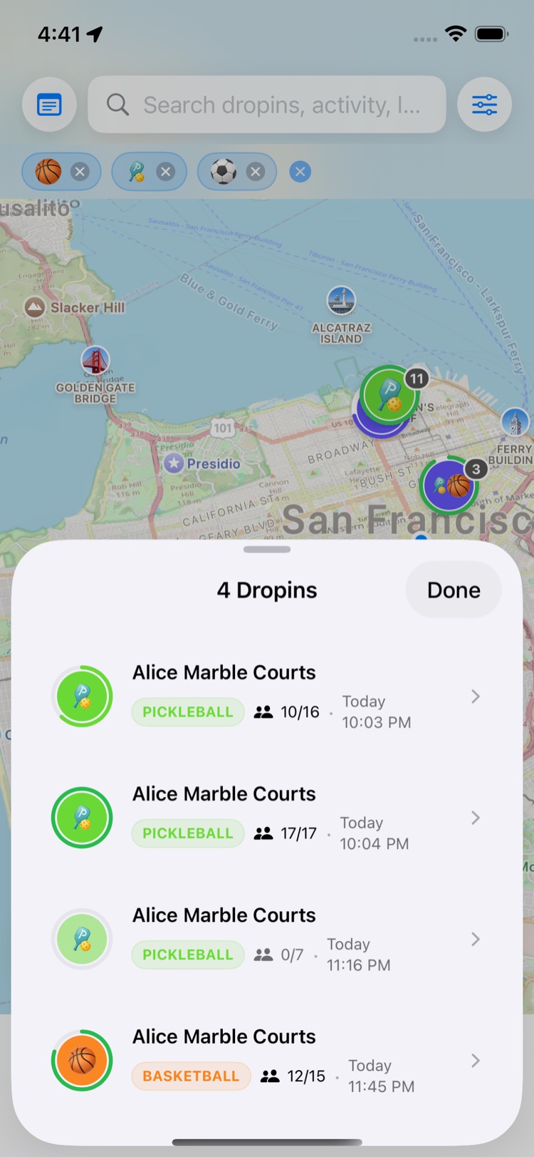 Nearby dropins list with pickleball and basketball games