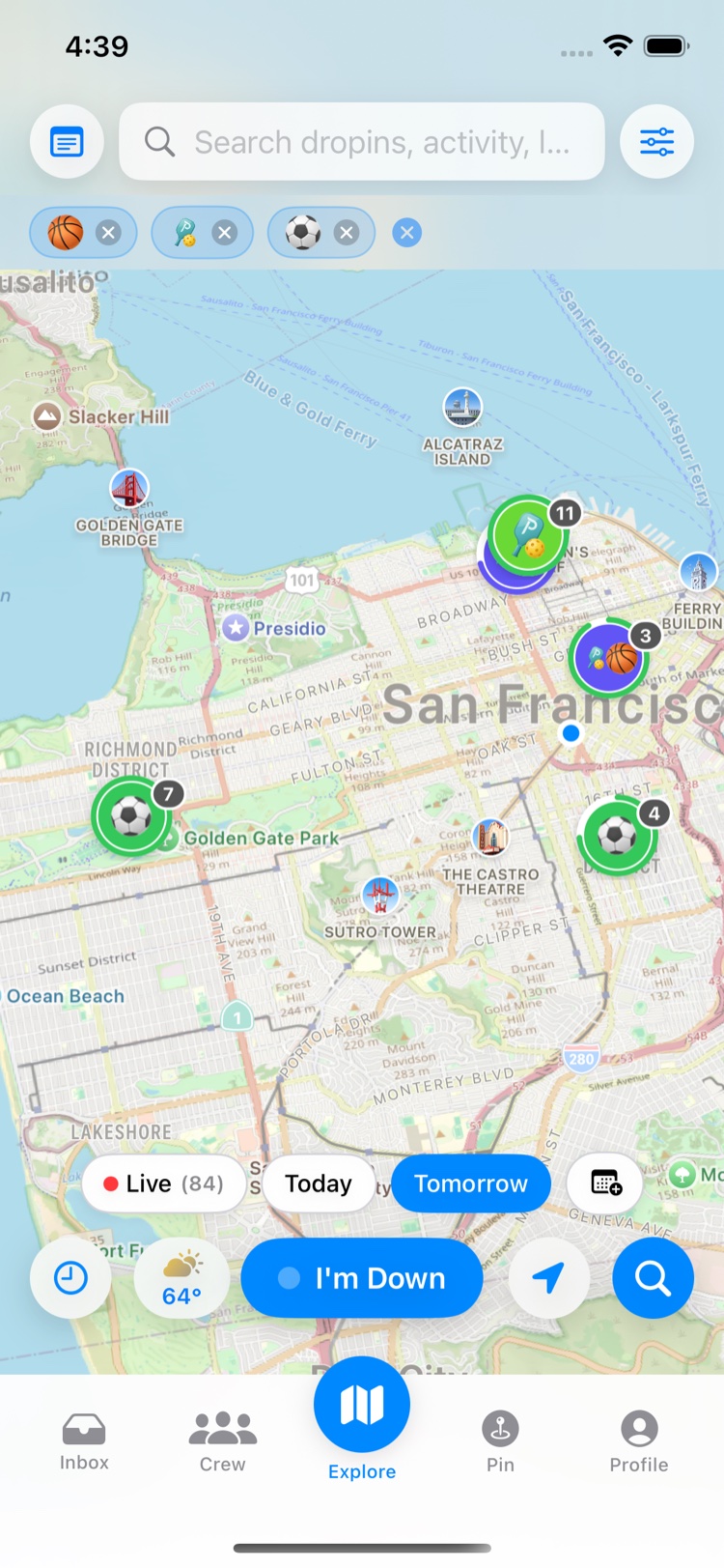 Dropins map showing live sport pins across San Francisco